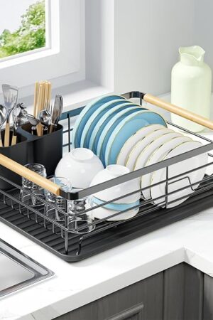 Dish Racks for Kitchen Counter: Wooden Handles, Thickened Metal, No Assembly. Small Dish Drying Rack: Ideal for Small Households. Drying Rack Kitchen: Black