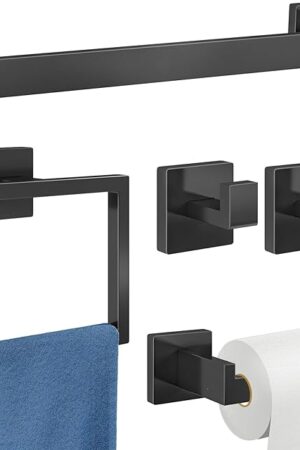 5-Piece Bathroom Hardware Accessories Set, Towel Racks for Bathroom Wall Mounted Stainless Steel, Matte Black Towel Bar Set 16In