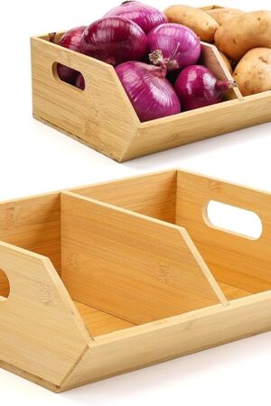 2 Set Bamboo Storage Bins, Pantry Organizers and Storage, Kitchen Countertop Organization and Storage Basket for Produce, Onions, Potatoes, Garlic, Fruits, Vegetable and Bread