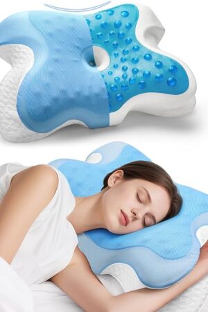 Cooling Gel Cervical Pillow for Neck Pain Relief - Hollow Design Odorless Memory Foam Pillows with Breathable Case, Neck Pillow for Side & Back Sleepers-Blue (Blue)