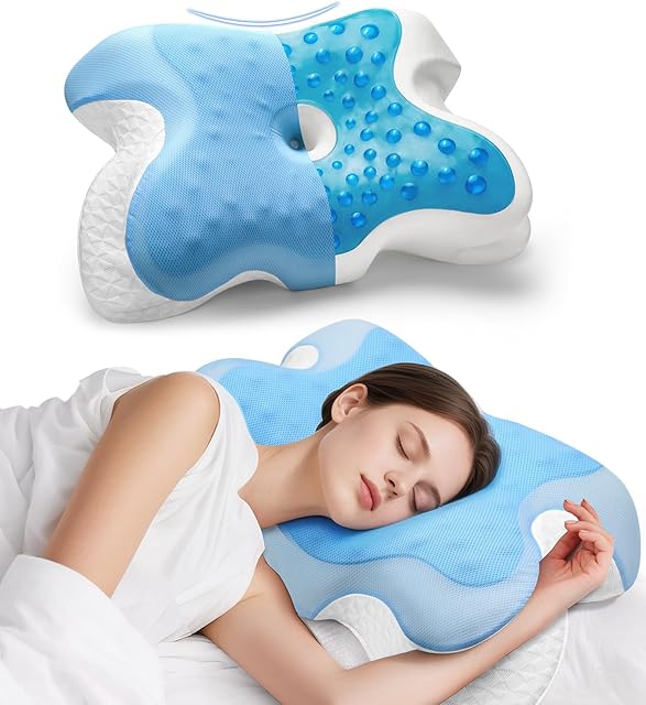 Cooling Gel Cervical Pillow for Neck Pain Relief - Hollow Design Odorless Memory Foam Pillows with Breathable Case, Neck Pillow for Side & Back Sleepers-Blue (Blue)