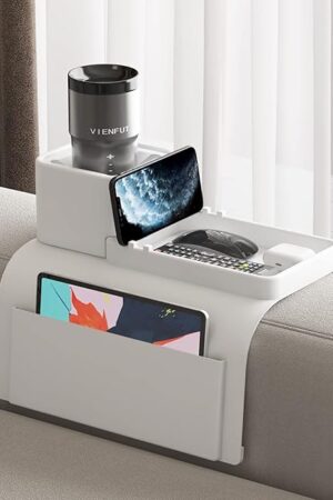 Couch Cup Holder Tray, VIENFUT Silicone Anti-Slip Sofa Armrest Tray with Side Pockets, BPA-Free Anti-Spill Couch Drink Holder for YETI, Remote, Snacks, Cellphone and iPad, Ideal Gift (Griege)