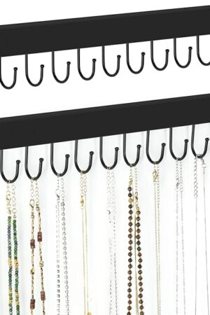 ZEDODIER 2 Pack Necklace Organizer Wall Mount, Wooden Jewelry Hanger Necklace Holder with 24 Hooks,Hanging Jewelry Organizer, Black