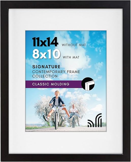 Americanflat 11x14 Picture Frame with Shatter-Resistant Glass - Use as 8x10 Frame with Mat or Display 11x14 Photo Without Mat - Signature Collection - Picture Frames for Wall Display - Black