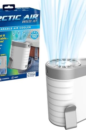 Arctic Air Breeze Jet Wearable Air Cooler, 3-Speed Portable Rechargeable Fan, Long-lasting, Lightweight Clip-On Neck & Waist Fan for Travel, Outdoors, Camping, or Indoor Use