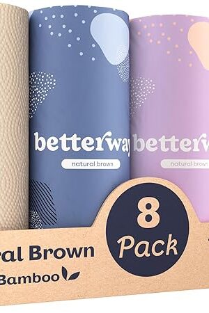 Betterway Bamboo Natural Brown Paper Towels - 8 Rolls, 2 Ply, 110 sheets - Plastic Free, PFAS Free, Disposable Kitchen Paper Towels - Select Size, Tree Free, Compostable, Strong & Absorbent