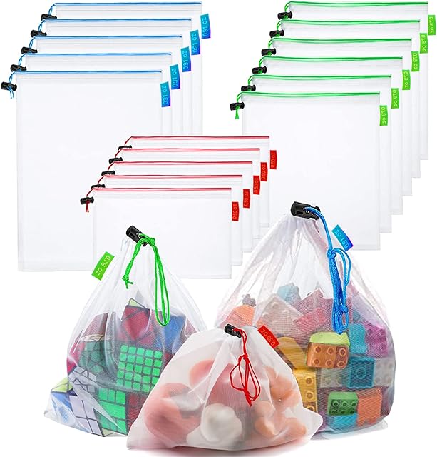 16 Pcs Mesh Small Toy Bags for Storage, 3 Sizes Reusable Mesh Drawstring Produce Bags Puzzle Bag for Kids Storage Playroom Organization, Fruits, Vegetable