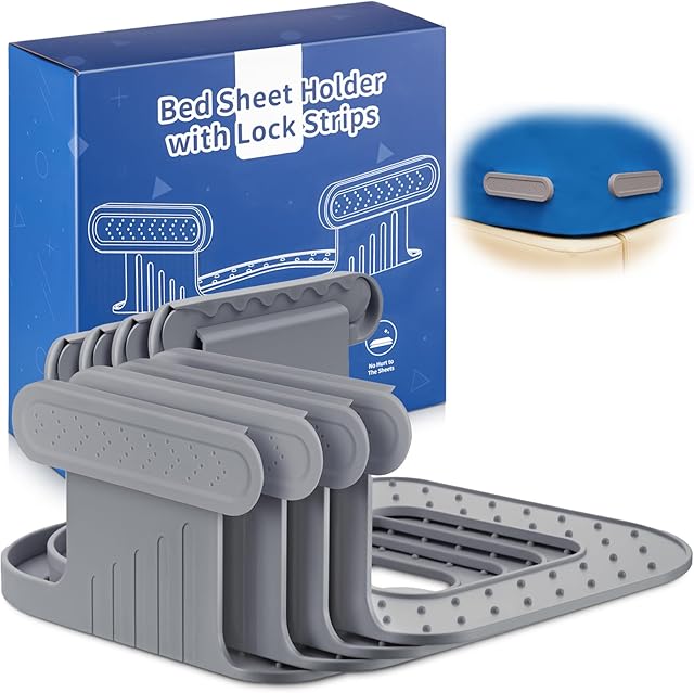 Bed Sheet Holder with Lock Strips, Open Corner Heavy Duty Bedsheet Clips with Enhanced Straps, No More Loose Sheets, Keep Sheets Firm and Tight, Easy Installation(Grey)