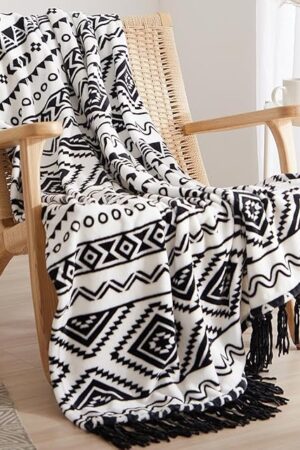 CASAAGUSTO Boho Throw Blanket - Black and White Decorative Blankets with Tassel, Printed Flannel Bohemian Blanket for Chair, Bed, Sofa, Couch(50 * 60, Black and White)