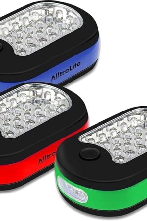 AlltroLite 3-Pack LED Work Light | Portable Magnetic Work Light with Rotatable Hook, Magnetic Back & Push Button | Battery Operated Pocket Work Lights for Car Repairing, Emergency, Hiking, Camping