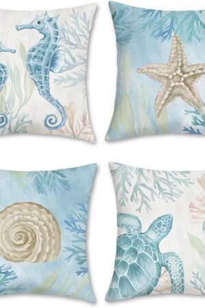 Bonhause Ocean Beach Throw Pillow Covers 18 x 18 Inch Seahorse Turtle Starfish Coastal Outdoor Decorative Pillows Soft Velvet Cushion Cases for Couch Sofa Bed Home Decor Set of 4