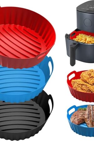 3 Pcs Silicone Air Fryer Liners Reusable Round 8 Inch Thickened Airfryer Basket for 3.6 to 5 QT Baking Tray Accessories Kitchen Gadgets Replacement of Flammable Disposable Parchment Paper