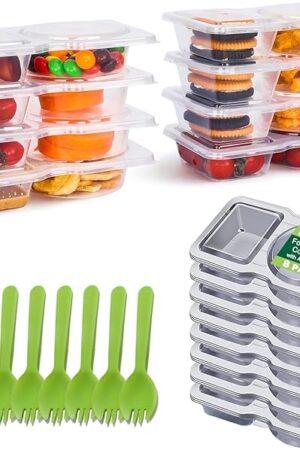 8 Sets Reusable Snack Containers with Lids, Double Compartment Snack Pack Containers with Spoons, BPA Free | Microwave & Dishwasher Safe | Leakproof Condiment Containers for On-the-Go Meals