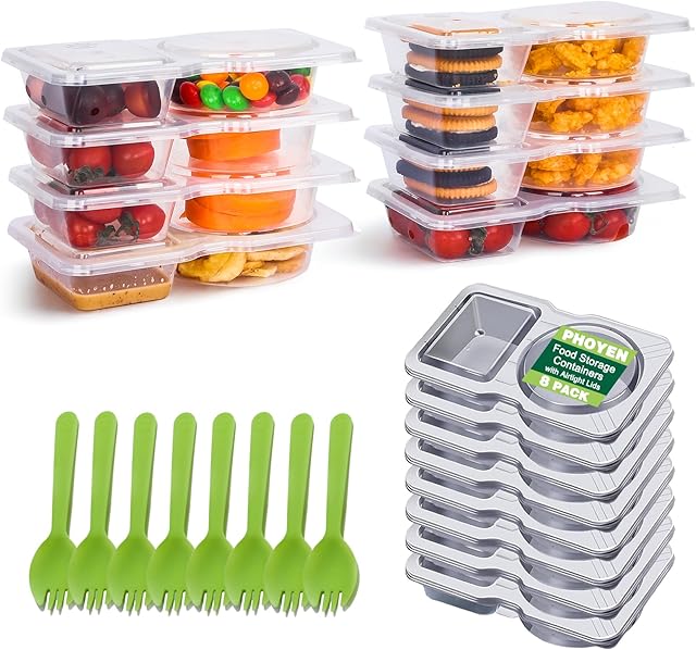 8 Sets Reusable Snack Containers with Lids, Double Compartment Snack Pack Containers with Spoons, BPA Free | Microwave & Dishwasher Safe | Leakproof Condiment Containers for On-the-Go Meals