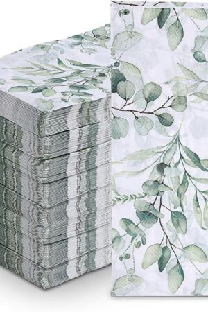 100Pcs Disposable Greenery Guest Napkins Paper Disposable Hand Towels Green Leaves Decorative Paper Dinner Hand Napkin for Bathroom Baby Shower Party Supplies Table Decor
