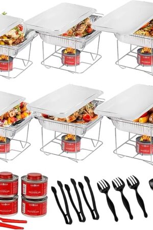 6 Pack - Disposable Chafing Dish Buffet Set, Welded Body Food Warmers for Parties, Fuel Cans Complete Set, Half Size Pans, Warming Trays