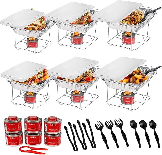 6 Pack - Disposable Chafing Dish Buffet Set, Welded Body Food Warmers for Parties, Fuel Cans Complete Set, Half Size Pans, Warming Trays