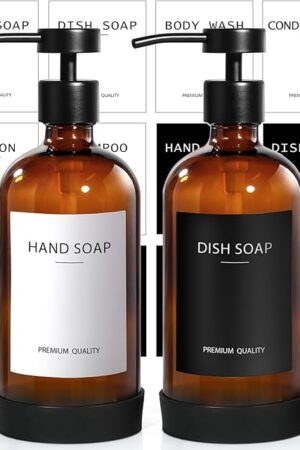 Amber Glass Soap Dispenser 2 Pack, Hand Soap Dispenser Bathroom with Stainless Steel Pump, 16.9 Fl oz Hand and Dish Soap Dispensers Set Kitchen, Modern Brown Soap Lotion Dispensers Bottle
