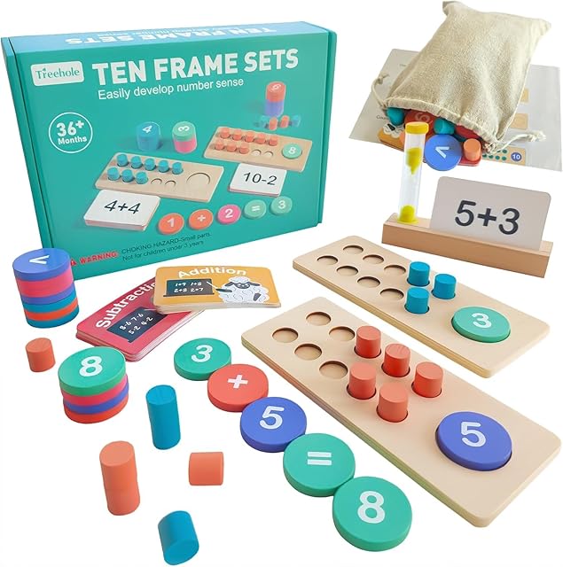 The Wooden Montessori Math Manipulatives Set, 1 to 20 Addition and Subtraction with Ten Frame/Number Flashcard, Preschool Educational Games for Fine Motor Skills Toddlers 3 4 5