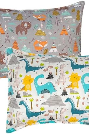 ALVABABY Toddler Pillowcases 2 Pack Organic Cotton Kids Pillow Cover Fit 13"x 18" or 12"x16" Envelope for Girl Boy Sleepy Travel Dinosaur Bear