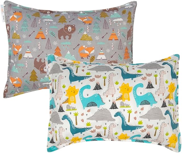 ALVABABY Toddler Pillowcases 2 Pack Organic Cotton Kids Pillow Cover Fit 13"x 18" or 12"x16" Envelope for Girl Boy Sleepy Travel Dinosaur Bear
