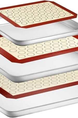 Wildone Baking Sheet with Silicone Mat Set, Set of 6 (3 Sheets + 3 Mats), Stainless Steel Cookie Sheet Baking Pan with Silicone Mat, Non Toxic & Heavy Duty & Easy Clean