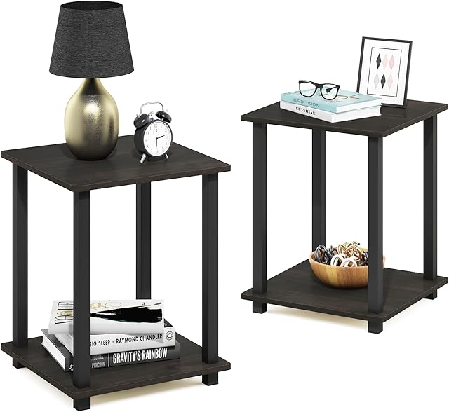 Furinno SIMPLISTIC Side Tables Set of Two, 2-Tier End Tables, Nightstands, Night Stands, Bedside Tables, for Living Room, Bedroom, Espresso/Black