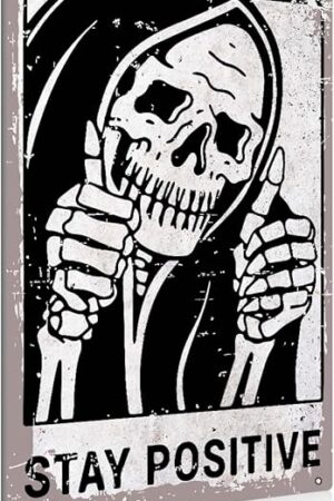 BEASTZHENG Vintage Stay Positive Skull Sign Metal Tin Sign Wall Décor Funny Retro Sign for Home Living Room Bedroom Halloween Decor Gifts - 8x12 Inch