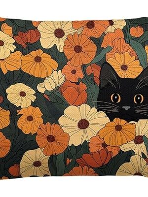 AVOIN colorlife Fall Floral Black Cat Throw Pillow Cover, 12 x 20 Inch Autumn Flower Cushion Case Decoration for Sofa Couch
