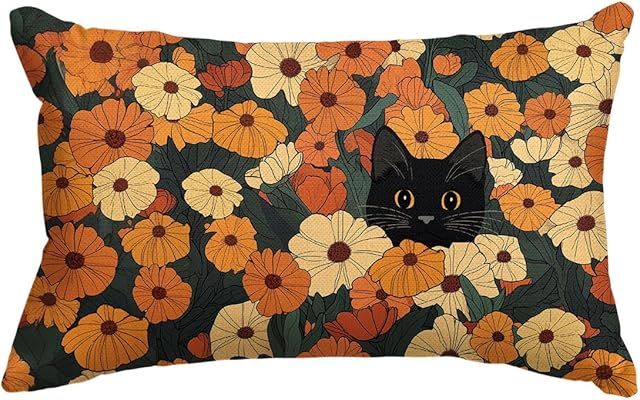 AVOIN colorlife Fall Floral Black Cat Throw Pillow Cover, 12 x 20 Inch Autumn Flower Cushion Case Decoration for Sofa Couch