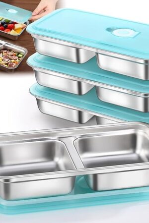 4 Pack Stainless Steel Snack Containers Reusable, Grab and Go 2 Compartment Food Storage Containers with Leakproof Lids for Travel and Outdoor Camping School Lunch Prep Dishwasher Safe
