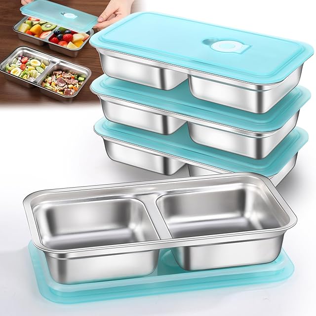 4 Pack Stainless Steel Snack Containers Reusable, Grab and Go 2 Compartment Food Storage Containers with Leakproof Lids for Travel and Outdoor Camping School Lunch Prep Dishwasher Safe