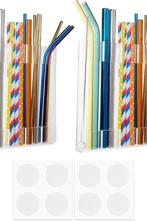 2 Pack Large Acrylic Straw Holder,Straw Rack with Double Sided Tape Organizer,Reusable Straws for Counter Cabinet Cupboard Kitchen (Clear)