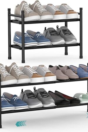 2 Tier Expandable Shoe Rack, Stackable Adjustable Shoe Rack for Closet, Metal Shoe Shelf Organizer Storage, Standing Small Shoe Racks for Front Door Entrance?Entryway(Black)