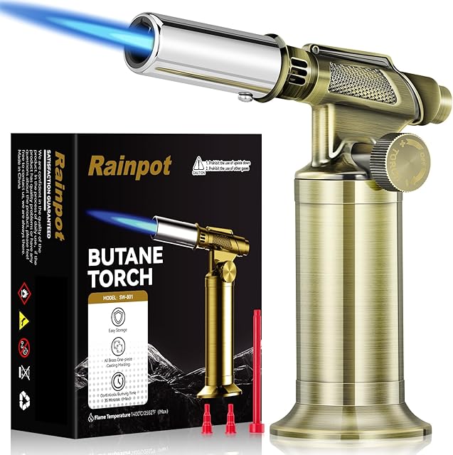 Butane Torch-Mini Kitchen Torch Lighters Butane Refillable with Adjustable Flame and Rotating Safety Lock,Ideal for BBQ,Home Baking,DIY Projects,Excluding Butane Gas