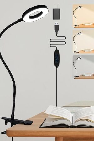 Desk Light,3 Colors+10 Brightness Clip on Lamp,550lm Bright Clip on Light for Bed Headboard/Table/Craft, 360°Adjustable Reading Lights for Books in Bed,Dorm Desk Lamp for College Dorm Room [Adapter]
