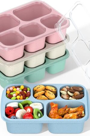 Bento Box Adult Lunch Box - 4 Pack, 5 - Compartment Meal Prep Container for Kids, Reusable Food Storage Snack Containers - Stackable for School, Work, and Travel (Wheat(Green/Blue/Pink/Beige))