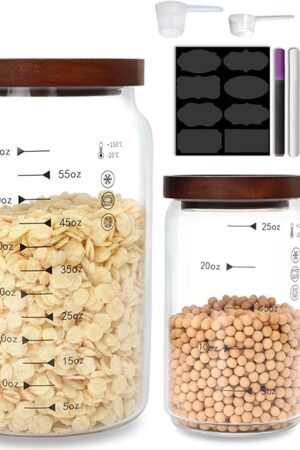 60 oz and 25oz Airtight Glass Storage Canisters,Clear Food Storage Container Jars with Wooden Lids，for Noodles,Flour, Cereal,Sugar,Tea,Coffee Beans,2 Pack