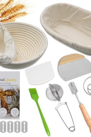 Bread Proofing Basket Set, Round 9 Inch and Oval 10 Inch Banneton Bread Bowl, Sourdough Bread Making Supplies Tools with Bread Lame, Danish Whisk, Bowl Scraper, Sourdough Scraper, Liners