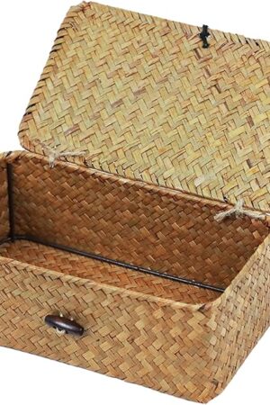 Wicker Storage Basket with Lid, Natural Seagrass Storage Baskets for Organizing, Rectangular Woven Basket for Storage, Decorative Boxes Bins with Lids Home Organizer Decor