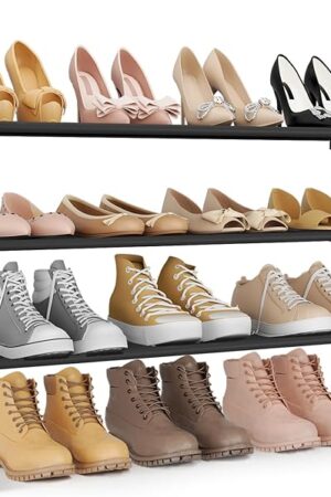3 Tier Shoe Rack for Closet, Shoe Organizer with 5 Hooks, Long Shoe Shelf Storage for Sneaker and Boot Stackable Free Standing Shoe Rack for Entryway, Garage, Small Spaces, Dorm