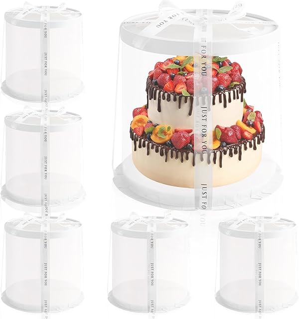 JCD Multi-Layer 6 Pack Clear Cake Box with Ribbon,Tall Cake Box Carrier, Tiered Transparent Cake Packaging Boxes 10 Inch, PET Round Cake Containers with Boards for Party(Clear Lid, Round 10inch/6Pcs)