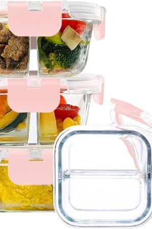 Bariatric Meal Prep Containers, 8 oz Bariatric Portion Control Food Storage Containers with Two 4 oz Compartments (3 Pack), Reusable Glass Snack Containers with BPA Free Airtight Lids (Pink)