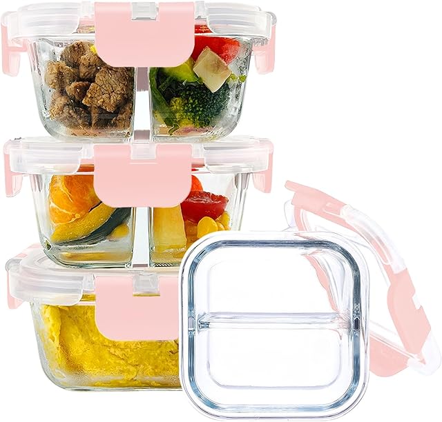 Bariatric Meal Prep Containers, 8 oz Bariatric Portion Control Food Storage Containers with Two 4 oz Compartments (3 Pack), Reusable Glass Snack Containers with BPA Free Airtight Lids (Pink)