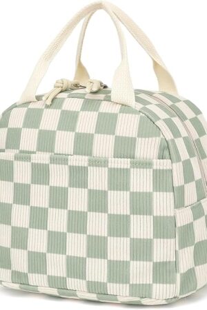 Corduroy Lunch Box for Women Girls, Cooler Lunch Bags Reusable Insulated Lunchbox for Picnic School Work Travel (Checkered Green)