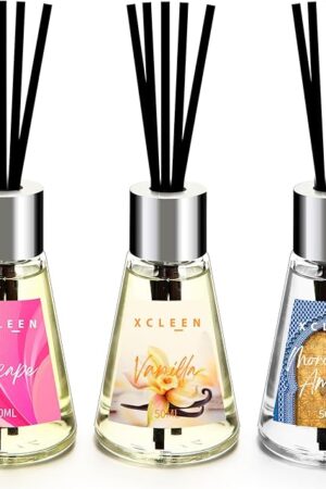 3 Pack Reed Diffuser, Scented Oil Diffuser with 15 Sticks, Escape/Vanilla/Moroccan Amber, Air Freshener for Bathroom & Office, Holiday Home Fragrance, Gift idea, Each 1.7Fl Oz, Total 5.1Oz