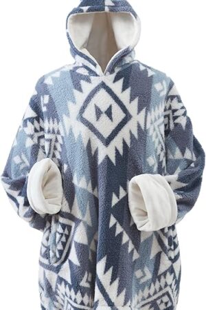 Cathay Home Coleman Oversized Wearable Sherpa and Micro-Mink Blanket Hoodie, Blue - One Size Fits Most