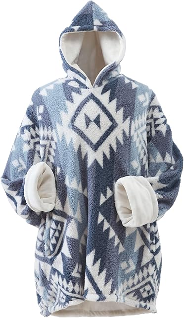 Cathay Home Coleman Oversized Wearable Sherpa and Micro-Mink Blanket Hoodie, Blue - One Size Fits Most