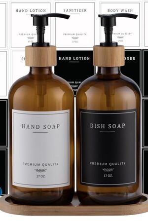 Amber Glass Soap Dispenser - Dish Hand Soap Dispenser for Kitchen Set, Soap Lotion Dispenser Bathroom with Sturdy Pump and Tray, 14 Waterproof Labels,Refillable Dispenser-Amber