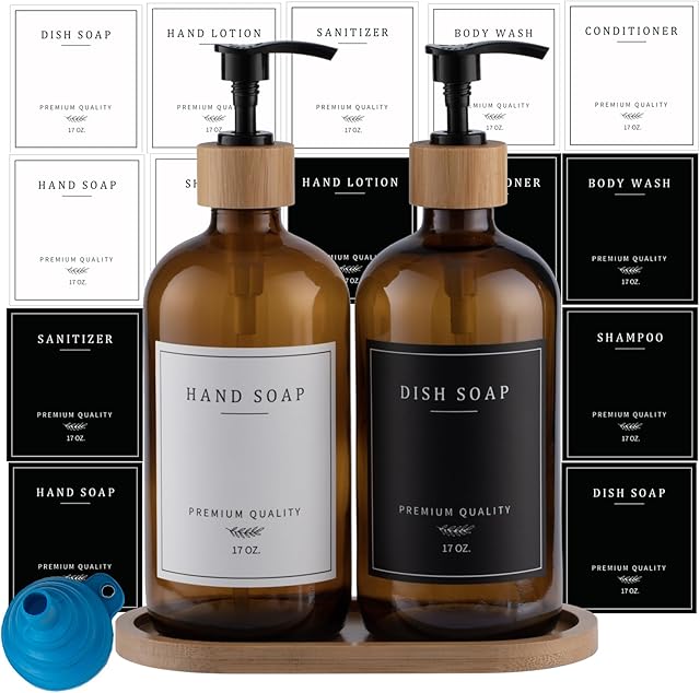Amber Glass Soap Dispenser - Dish Hand Soap Dispenser for Kitchen Set, Soap Lotion Dispenser Bathroom with Sturdy Pump and Tray, 14 Waterproof Labels,Refillable Dispenser-Amber
